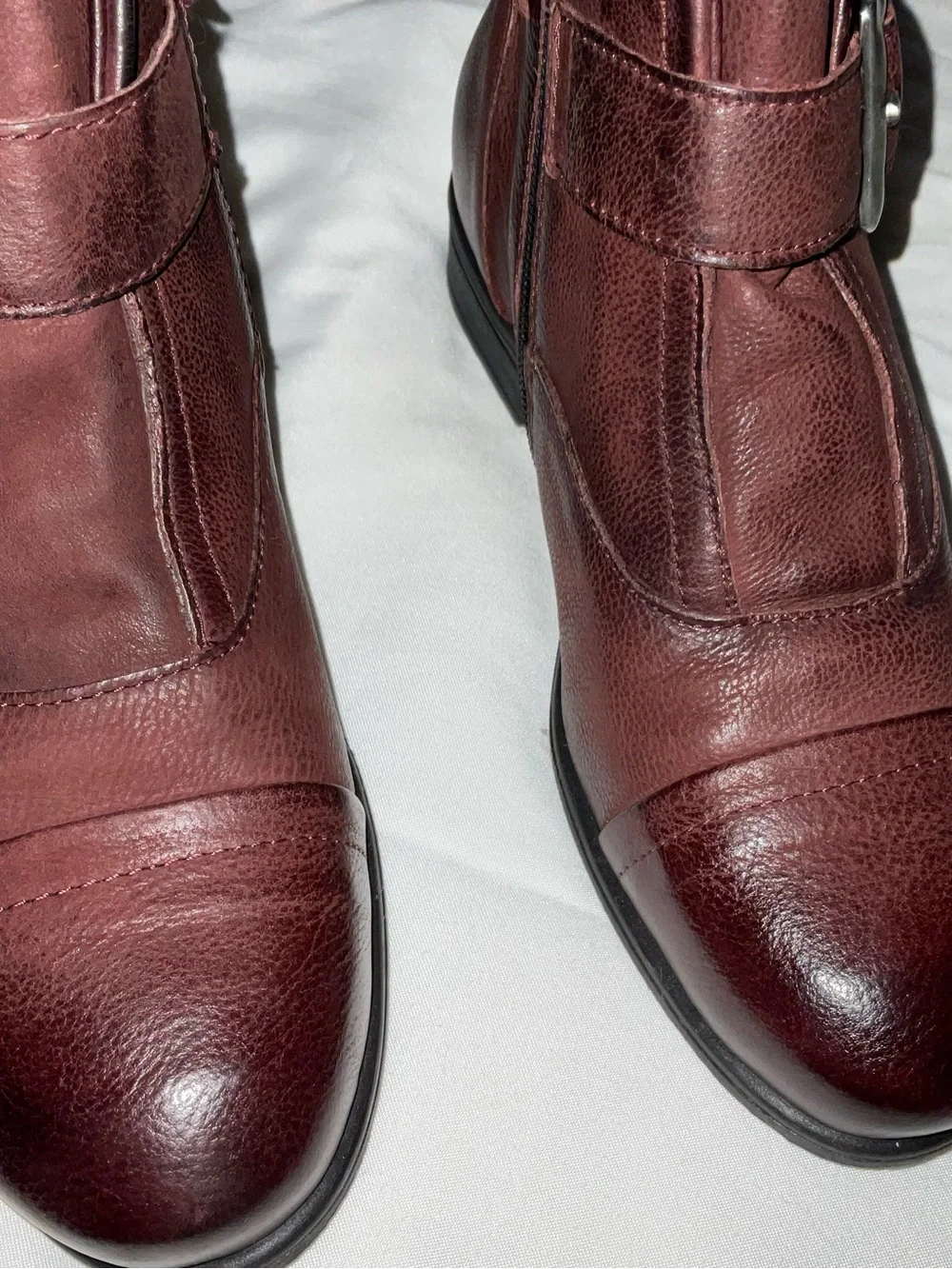 Miz Mooz Burgundy Leather Ankle Booties with Side Zip & Buckle